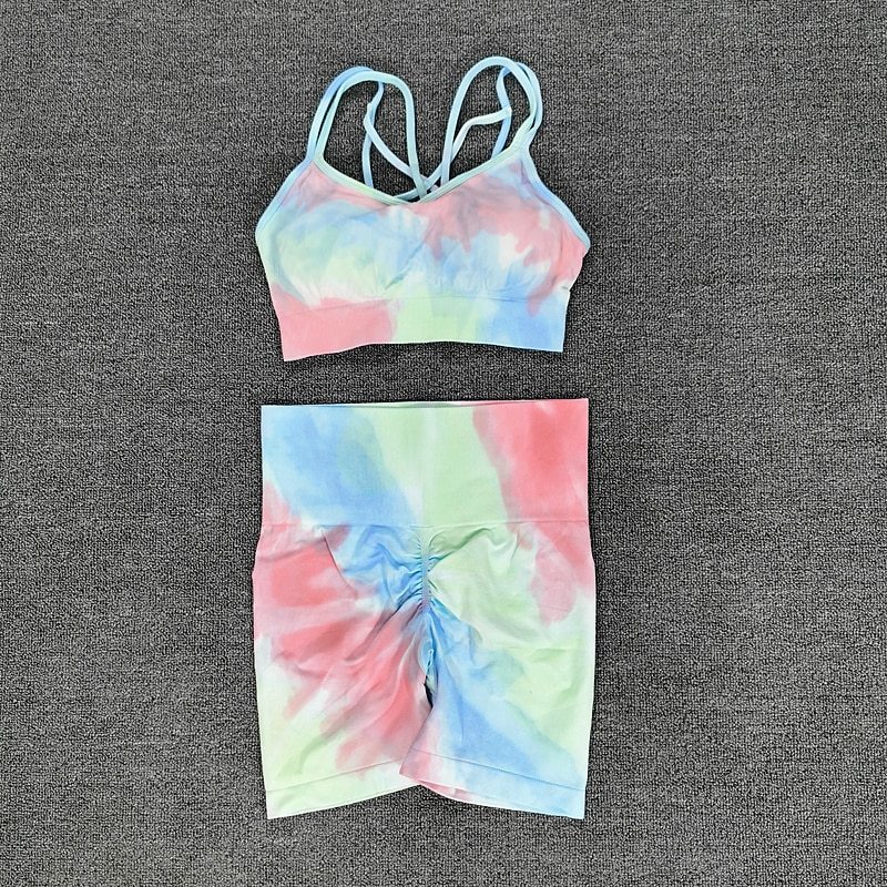 Sport Set Women Two Piece 2PCS Tie Dye Crop Bra Shorts Workout