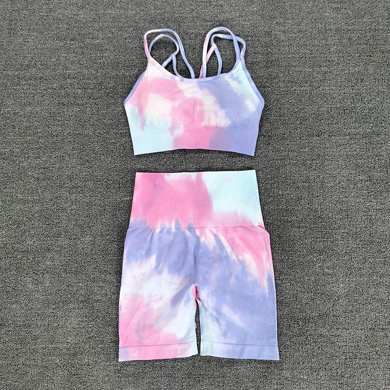 Sport Set Women Two Piece 2PCS Tie Dye Crop Bra Shorts Workout
