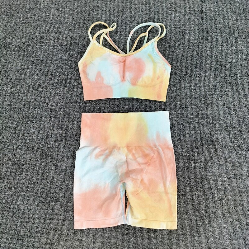 Sport Set Women Two Piece 2PCS Tie Dye Crop Bra Shorts Workout