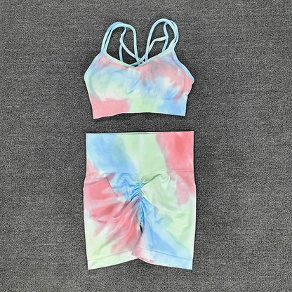 Sport Set Women Two Piece 2PCS Tie Dye Crop Bra Shorts Workout