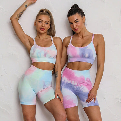 Sport Set Women Two Piece 2PCS Tie Dye Crop Bra Shorts Workout