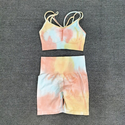 Sport Set Women Two Piece 2PCS Tie Dye Crop Bra Shorts Workout